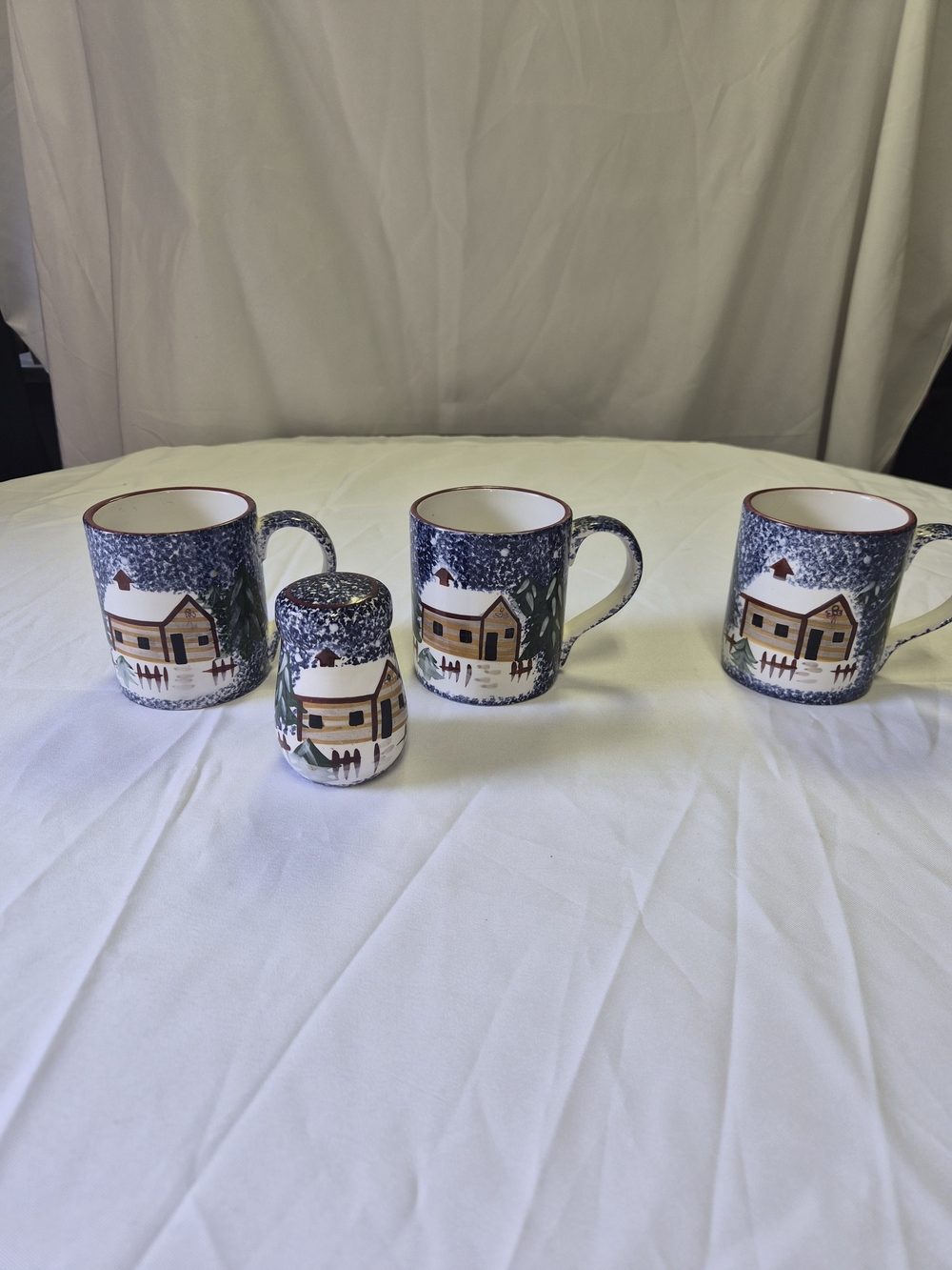 Hand-Painted Winter Cottage Ceramic Mug - Blue